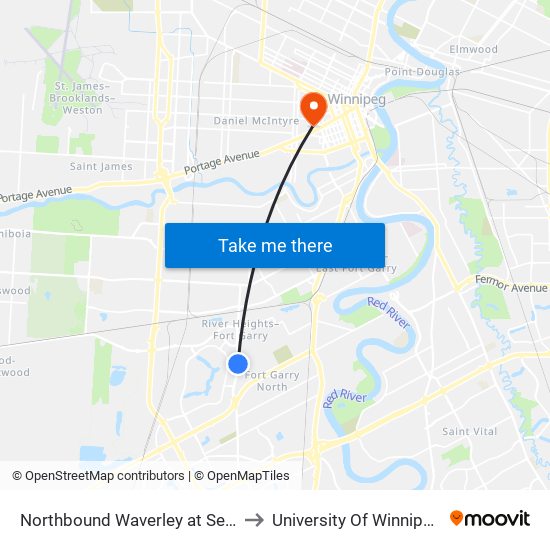 Northbound Waverley at Seel to University Of Winnipeg map