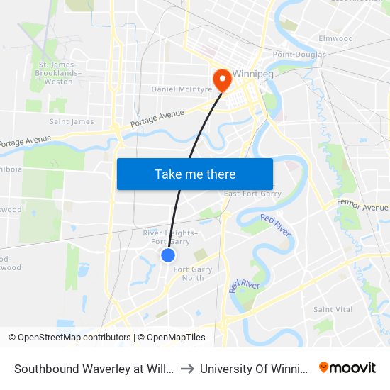 Southbound Waverley at Willson to University Of Winnipeg map
