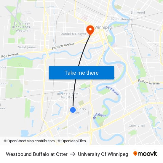 Westbound Buffalo at Otter to University Of Winnipeg map