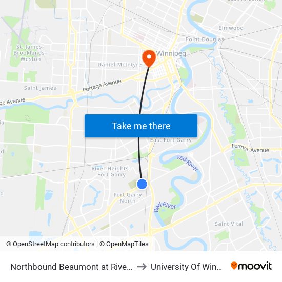 Northbound Beaumont at Riverwood to University Of Winnipeg map