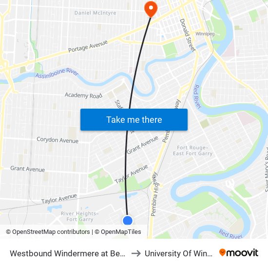 Westbound Windermere at Beaumont to University Of Winnipeg map