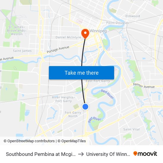 Southbound Pembina at Mcgillivray to University Of Winnipeg map