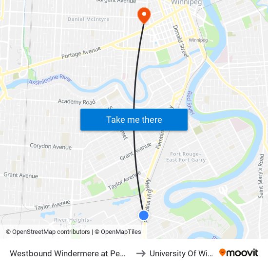 Westbound Windermere at Pembina West to University Of Winnipeg map