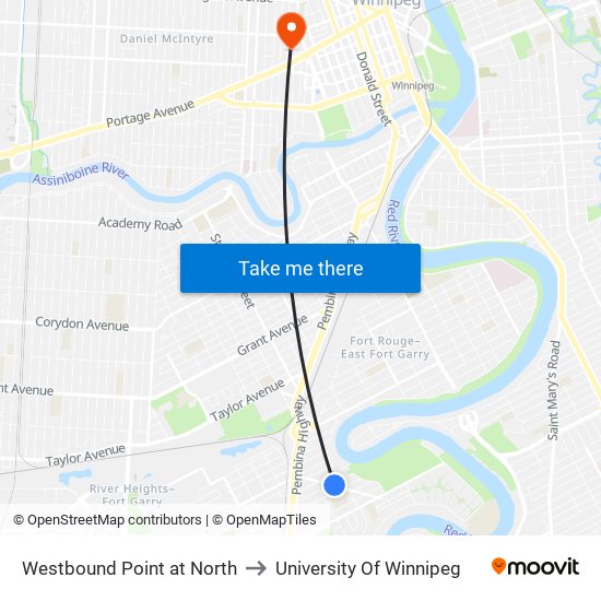 Westbound Point at North to University Of Winnipeg map