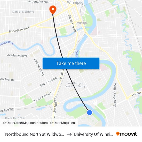 Northbound North at Wildwood D to University Of Winnipeg map