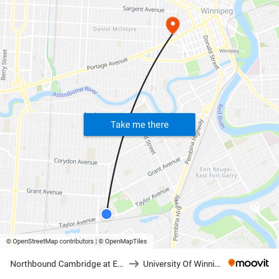 Northbound Cambridge at Ebby to University Of Winnipeg map