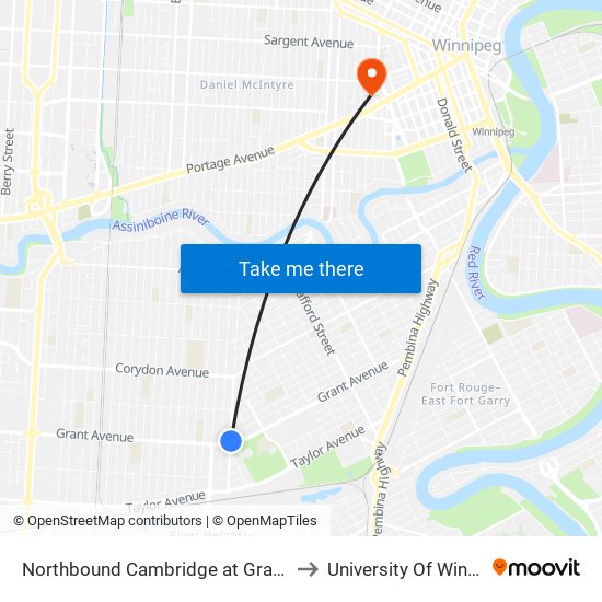 Northbound Cambridge at Grant North to University Of Winnipeg map