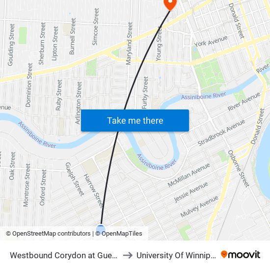 Westbound Corydon at Guelph to University Of Winnipeg map