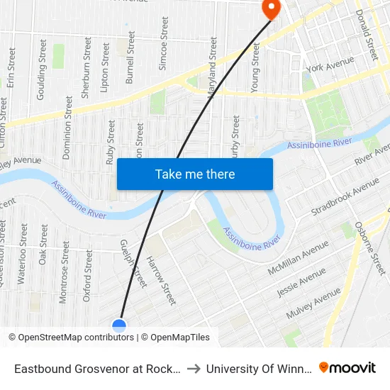 Eastbound Grosvenor at Rockwood to University Of Winnipeg map