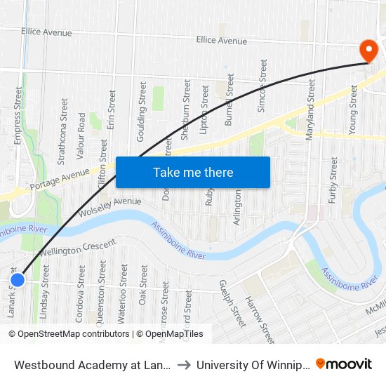 Westbound Academy at Lanark to University Of Winnipeg map