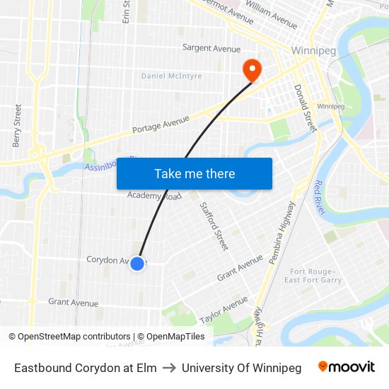 Eastbound Corydon at Elm to University Of Winnipeg map