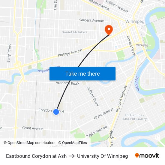 Eastbound Corydon at Ash to University Of Winnipeg map