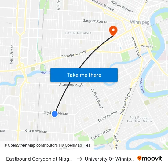 Eastbound Corydon at Niagara to University Of Winnipeg map