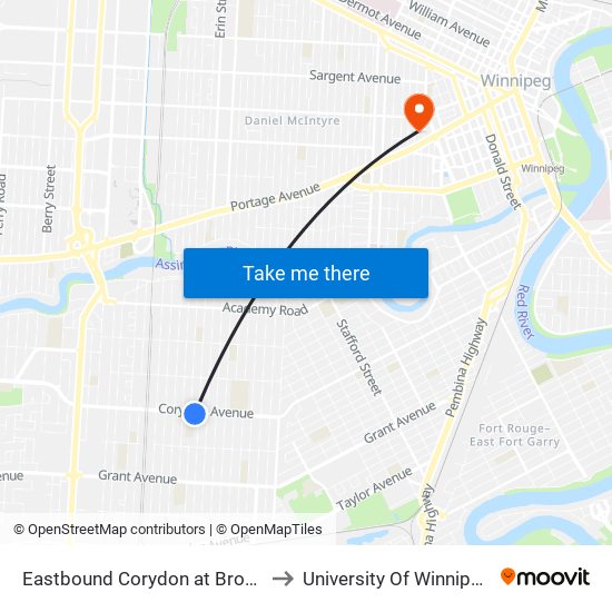 Eastbound Corydon at Brock to University Of Winnipeg map