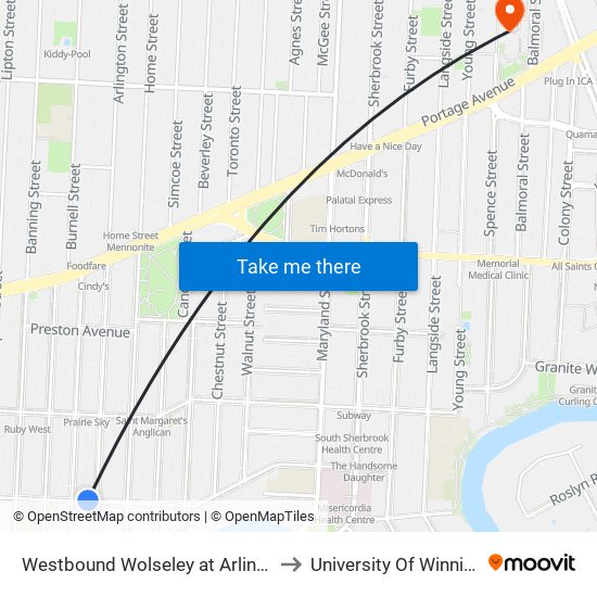 Westbound Wolseley at Arlington to University Of Winnipeg map