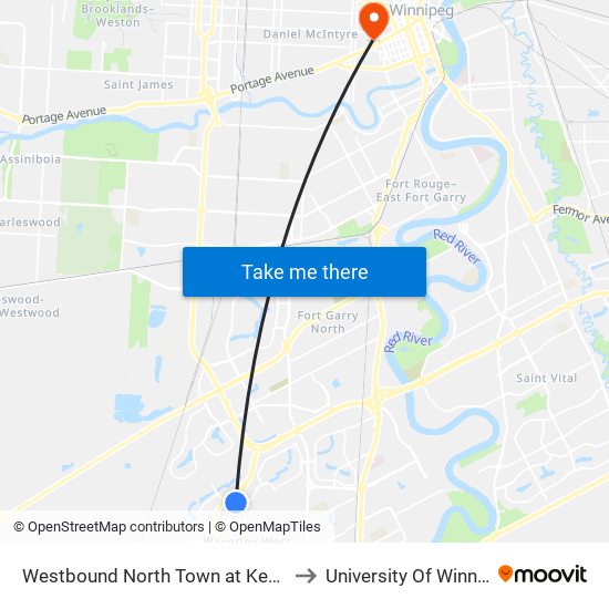 Westbound North Town at Kenaston to University Of Winnipeg map