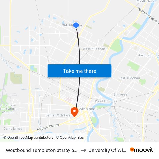 Westbound Templeton at Daylan Marshall to University Of Winnipeg map