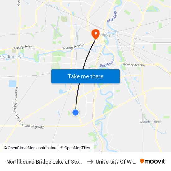 Northbound Bridge Lake at Stone Meadow to University Of Winnipeg map