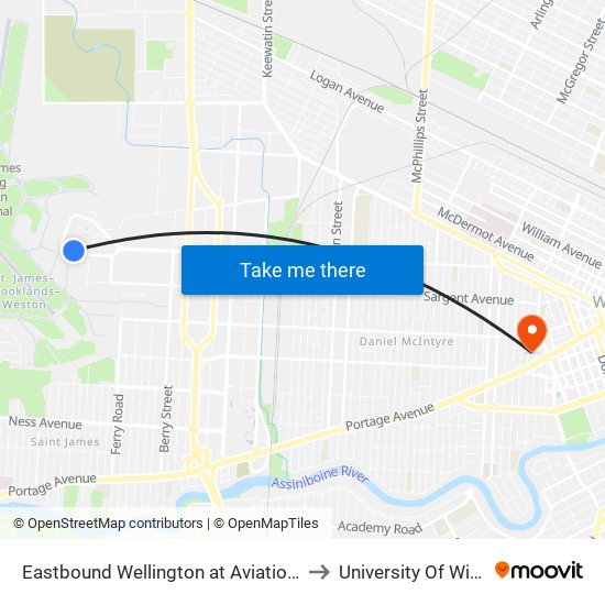 Eastbound Wellington at Aviation Museum to University Of Winnipeg map