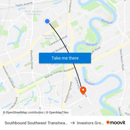 Southbound Southwest Transitway at Seel Station to Investors Group Field map