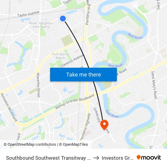 Southbound Southwest Transitway at Beaumont Station to Investors Group Field map