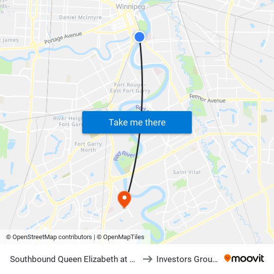 Southbound Queen Elizabeth at Stradbrook to Investors Group Field map