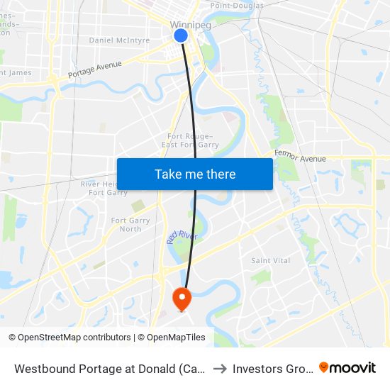 Westbound Portage at Donald (Canada Life Centre) to Investors Group Field map