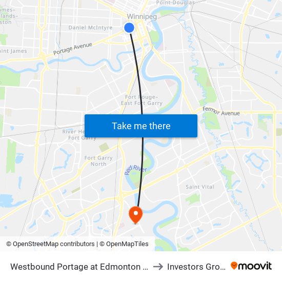 Westbound Portage at Edmonton (Portage Place) to Investors Group Field map