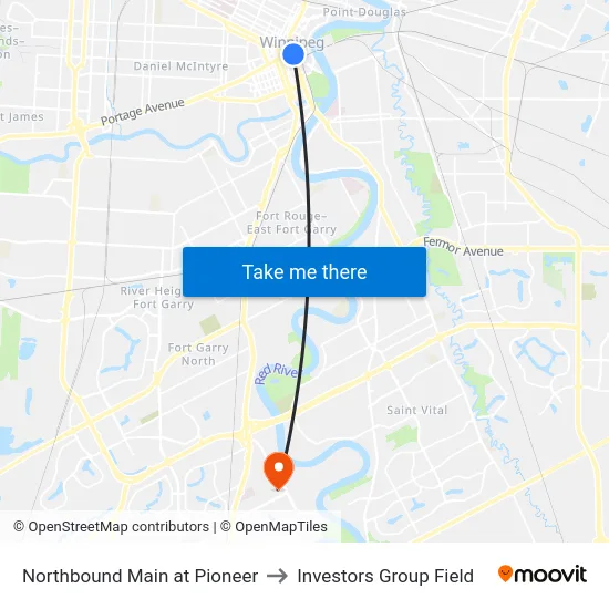 Northbound Main at Pioneer to Investors Group Field map