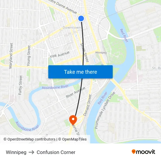 Winnipeg to Confusion Corner map