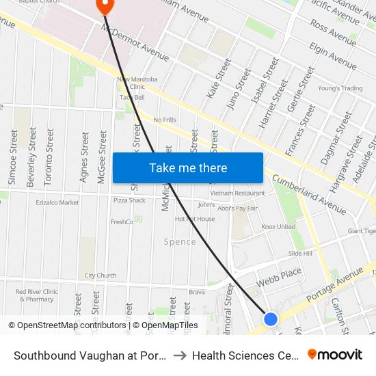 Southbound Vaughan at Portage to Health Sciences Centre map