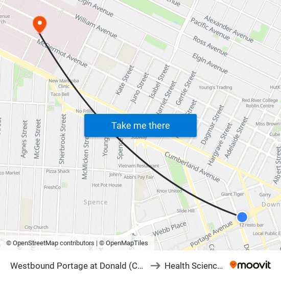 Westbound Portage at Donald (Canada Life Centre) to Health Sciences Centre map