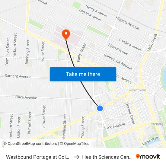 Westbound Portage at Colony to Health Sciences Centre map