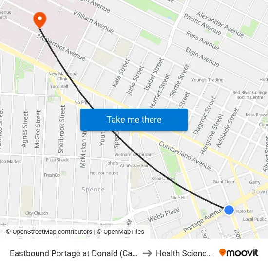 Eastbound Portage at Donald (Canada Life Centre) to Health Sciences Centre map