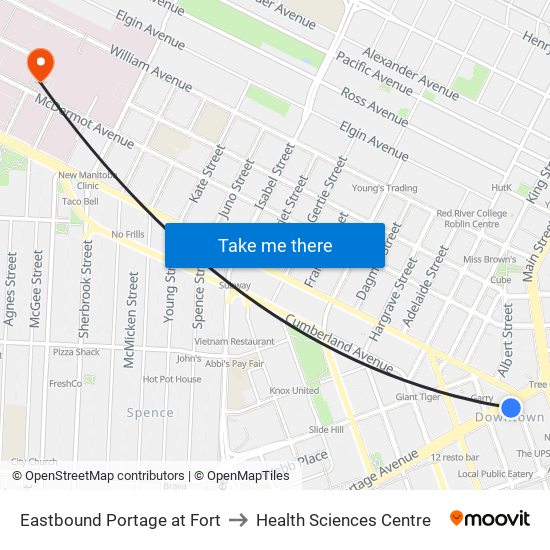 Eastbound Portage at Fort to Health Sciences Centre map