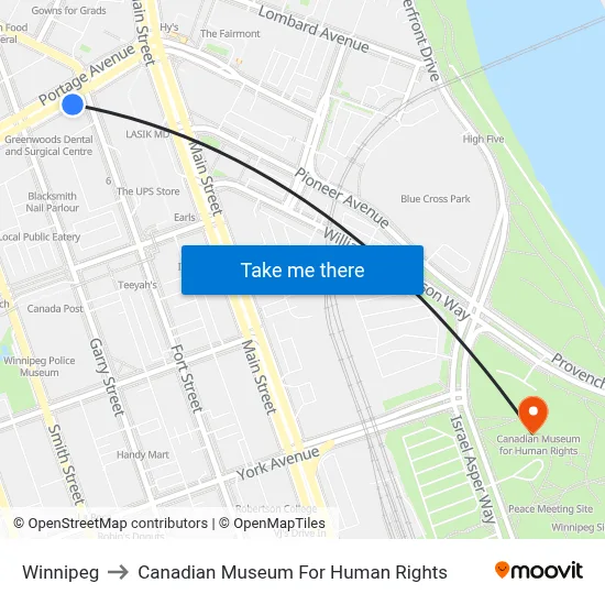 Winnipeg to Canadian Museum For Human Rights map