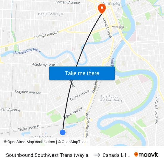 Southbound Southwest Transitway at Beaumont Station to Canada Life Centre map