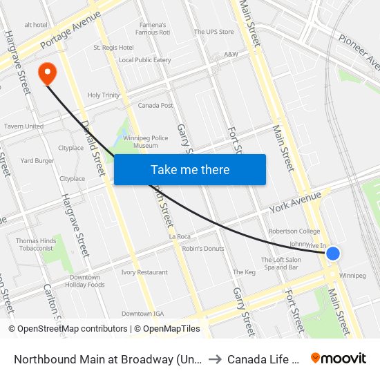 Northbound Main at Broadway (Union Station) to Canada Life Centre map