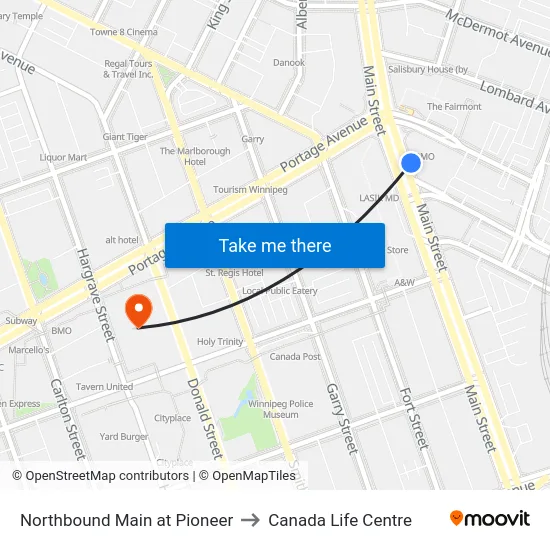 Northbound Main at Pioneer to Canada Life Centre map