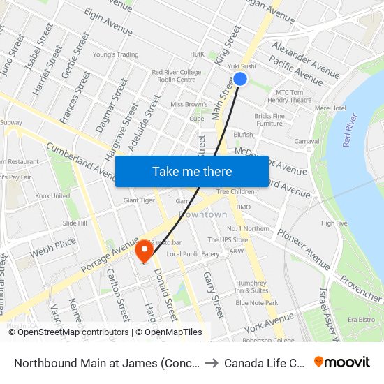 Northbound Main at James (Concert Hall) to Canada Life Centre map