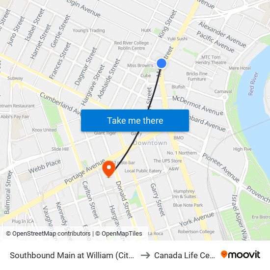 Southbound Main at William (City Hall) to Canada Life Centre map