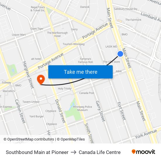 Southbound Main at Pioneer to Canada Life Centre map