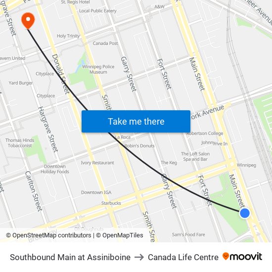 Southbound Main at Assiniboine to Canada Life Centre map