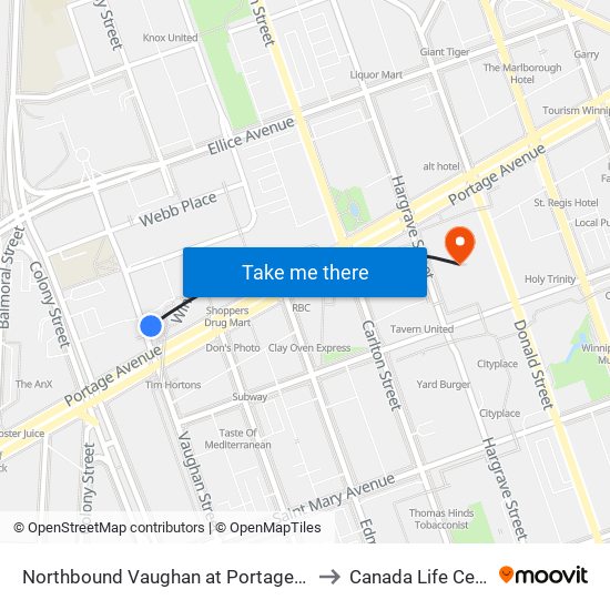 Northbound Vaughan at Portage North to Canada Life Centre map