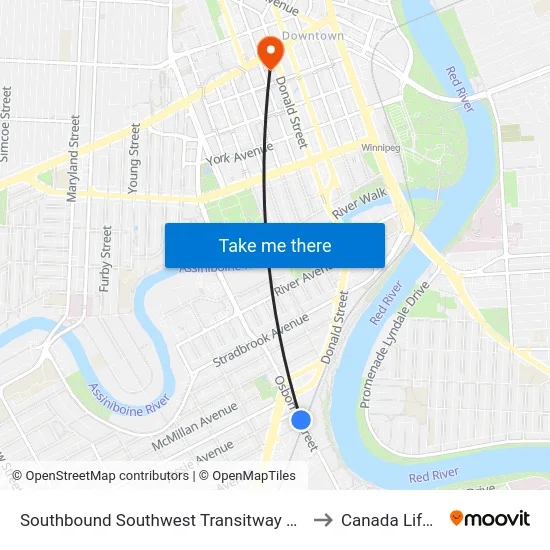 Southbound Southwest Transitway at Osborne Station to Canada Life Centre map