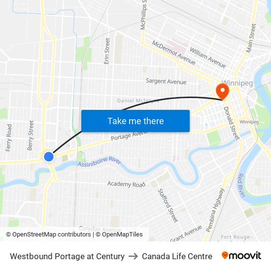 Westbound Portage at Century to Canada Life Centre map