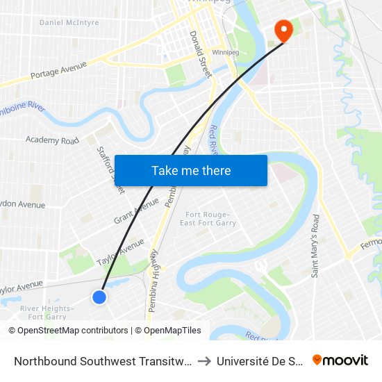 Northbound Southwest Transitway at Beaumont Station to Université De Saint-Boniface map