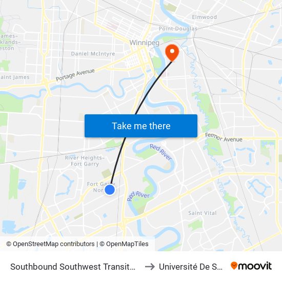 Southbound Southwest Transitway at Clarence Station to Université De Saint-Boniface map