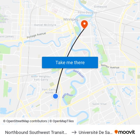 Northbound Southwest Transitway at Chevrier Station to Université De Saint-Boniface map