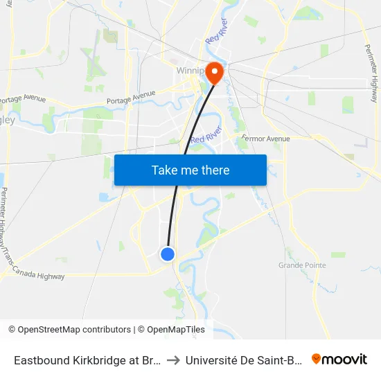 Eastbound Kirkbridge at Brentlawn to Université De Saint-Boniface map